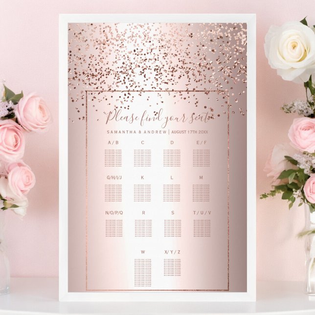 Poster Gráfico de assentos metálicos de rosa gold confett (Rose gold confetti metallic wedding seating chart)