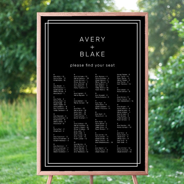 Poster Gráfico de Assentos Negra Moderno AVERY Modelo (AVERY Modern Black Wedding Seating Chart Template)