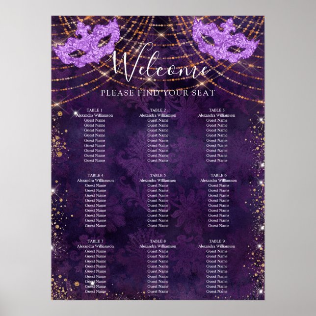 Poster Gráfico de assentos para 9 mesas com brilho roxo d (Frente)