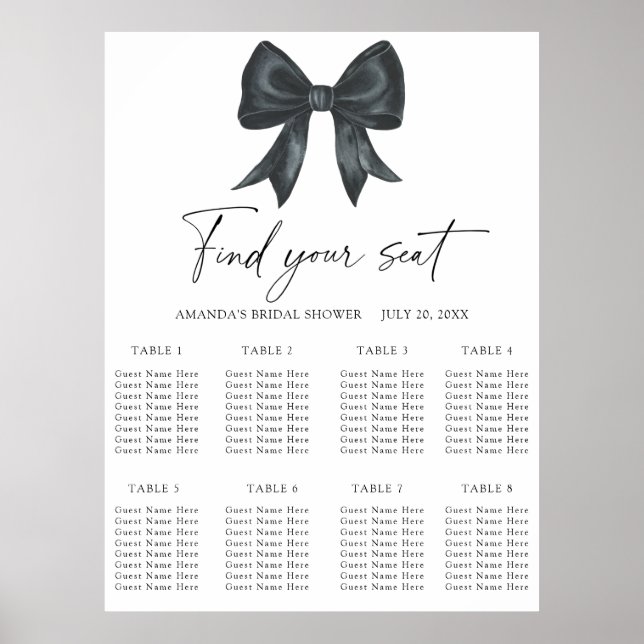 Poster Gráfico de assentos para casamento com laço preto (Frente)
