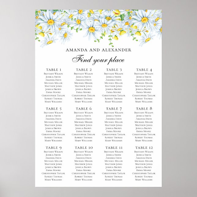 Poster Gráfico de assentos para casamento Daisy. Flores c (Frente)