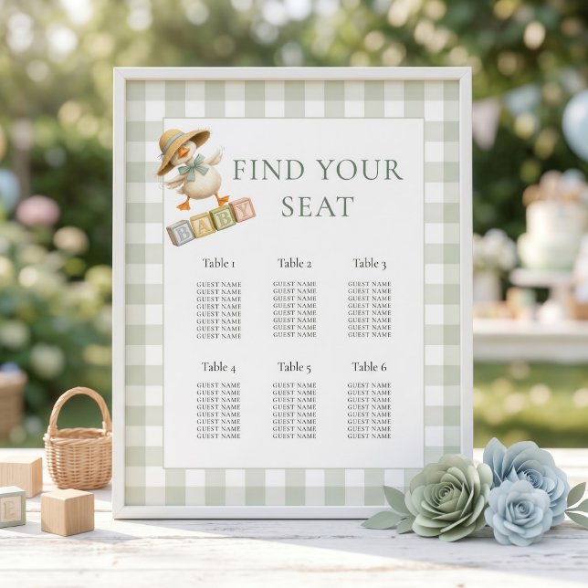 Poster Gráfico de Assentos para Chá de Bebê Gingham Sage  (Criador carregado)