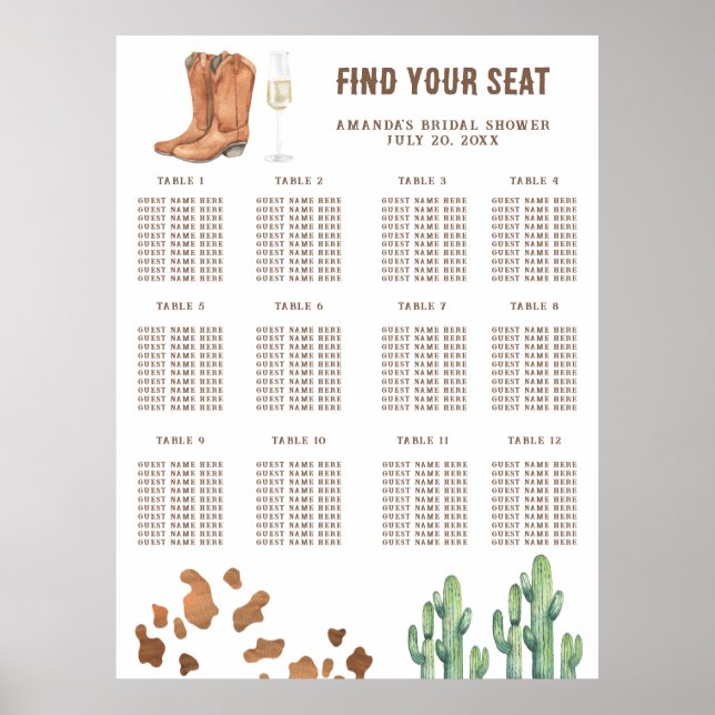 Poster Gráfico de assentos para chá de noiva Botas e Espu (Frente)