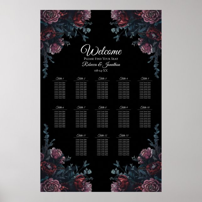 Poster Gráfico de Assentos Pretos de Casamento Floral Esc (Frente)