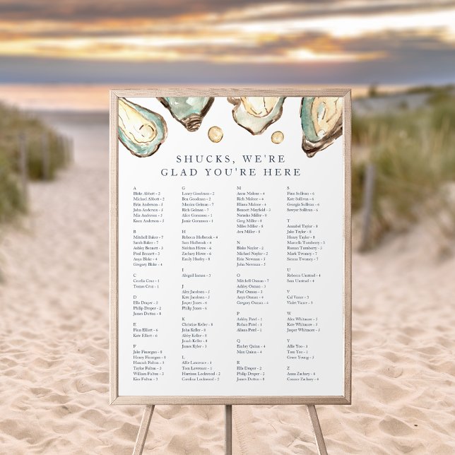 Poster Gráfico de Bancos Alfabéticos de Ostra Costeira (Coastal oyster alphabetical wedding seating chart)