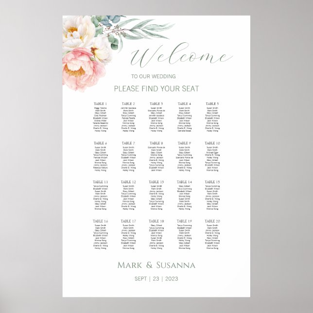 Poster Gráfico de Boas-vindas ao Casamento de Peonies Euc (Frente)