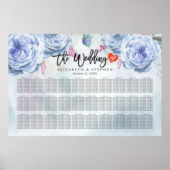 Poster Gráfico de Casamento Cadeias de Água Floral e Pena (Frente)