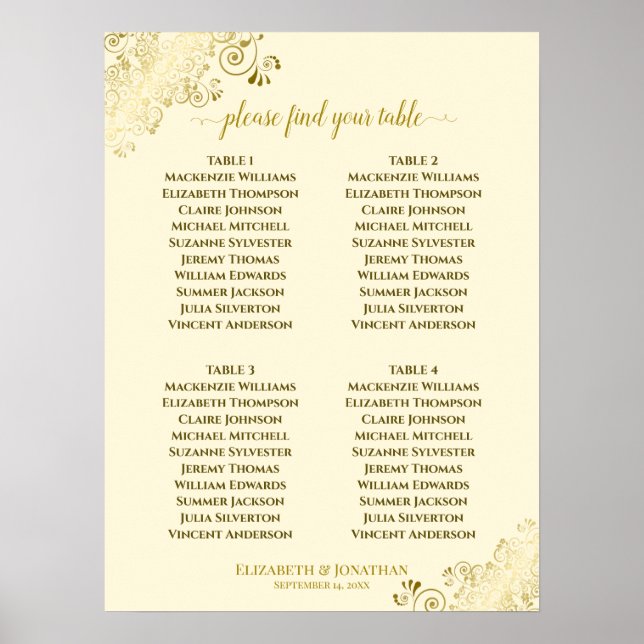 Poster Gráfico de Casamento de Carros Dourados com 4 Mesa (Frente)
