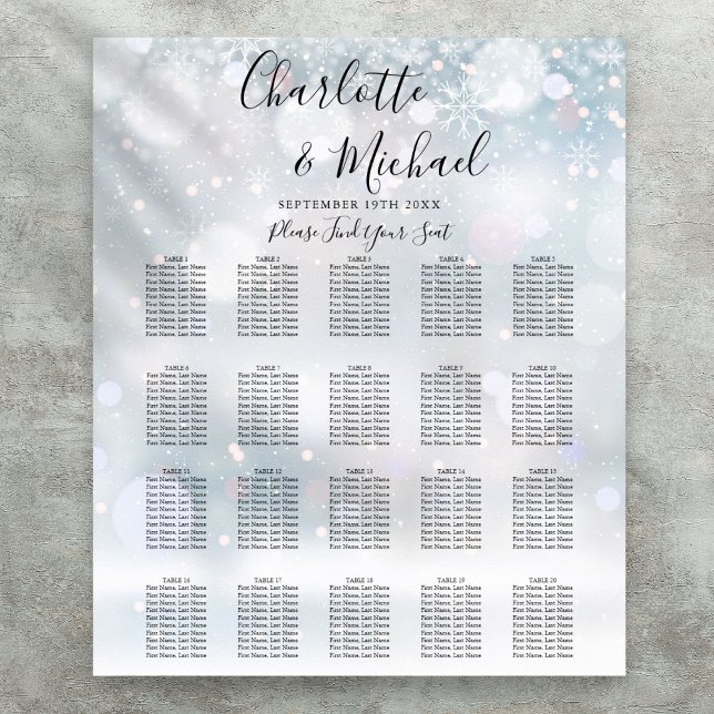 Poster Gráfico de Casamento de Casamentos com Flocos de N (Winter Snowflakes Script Wedding Seating Chart)