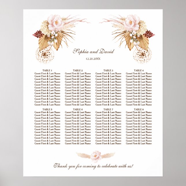 Poster Gráfico de Casamento de Grama de Flores de Blush (Frente)