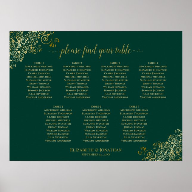 Poster Gráfico de Casamento de Mesa Emerald Green e Doura (Frente)