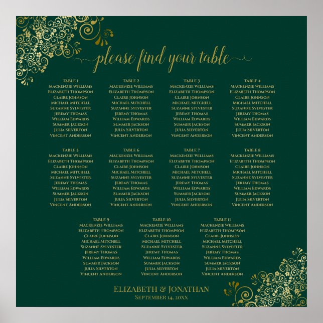 Poster Gráfico de Casamento de Mesas Emerald Green Dourad (Frente)