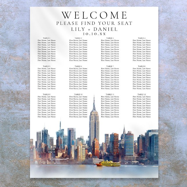Poster Gráfico de Casamento de Nova Iorque de Aquarela (Watercolor New York City Wedding Seating Chart)