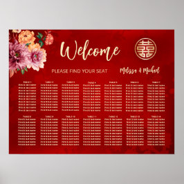 Poster Gráfico de Casamento de Peony Red Chinese