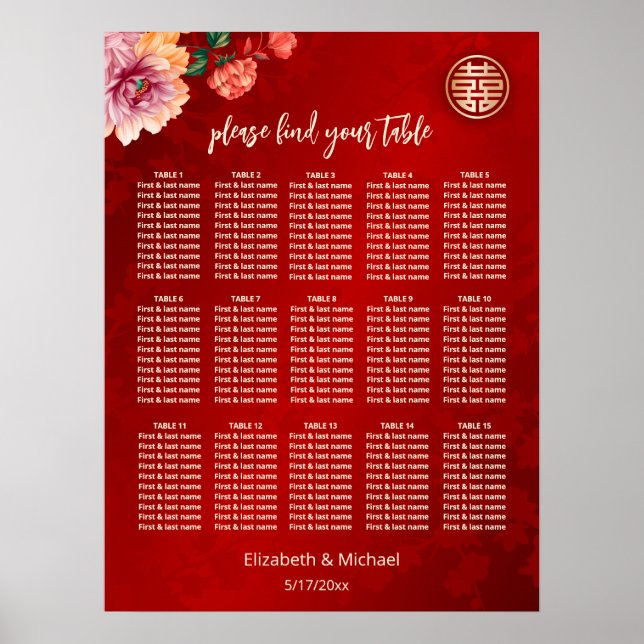 Poster Gráfico de Casamento de Peony Red Chinese (Frente)