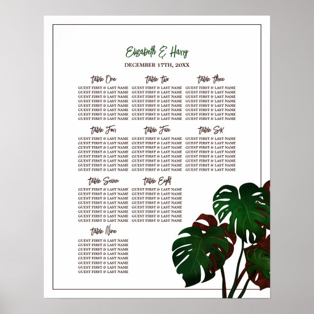 Poster Gráfico de Casamento de Praia de Monstera Tropical (Frente)