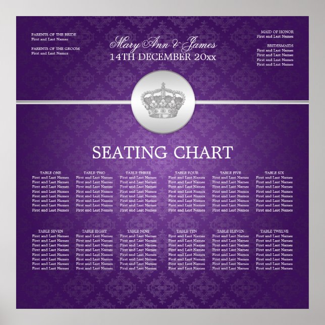Poster Gráfico de Casamento Elegante Coroa Real Roxo (Frente)