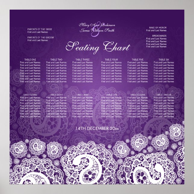 Pôster Gráfico de Casamento Elegante Paisley Lace Purple (Frente)