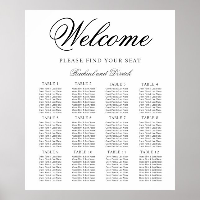 Poster Gráfico de Casamento Elegante Simples para 12 Mesa (Frente)