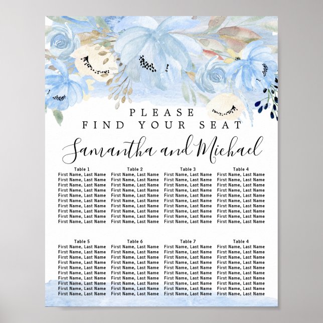 Poster Gráfico de Casamento Floral 8-Mesa Azul e Dourado (Frente)
