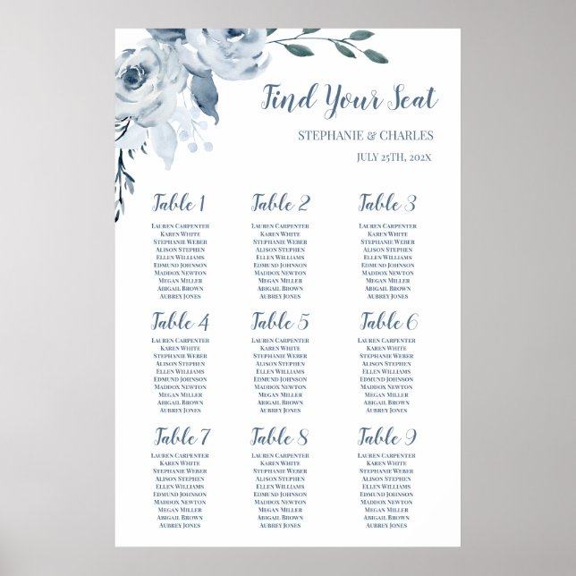 Poster Gráfico de Casamento Floral de Dusty Blue (Frente)