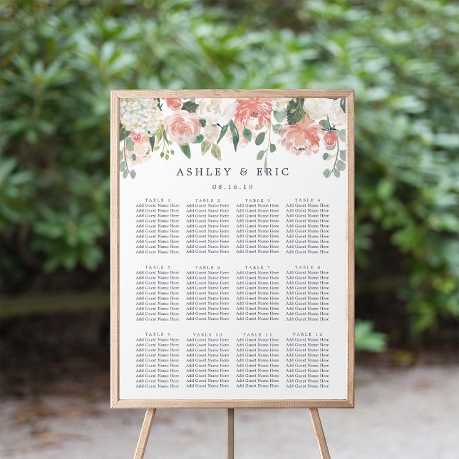 Poster Gráfico de Casamento Floral de MidSummer (Blush and sage floral wedding seating chart)