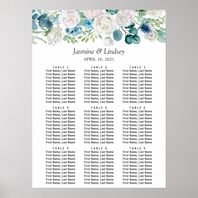 Poster Gráfico de Casamento Floral Verde Azul (Frente)