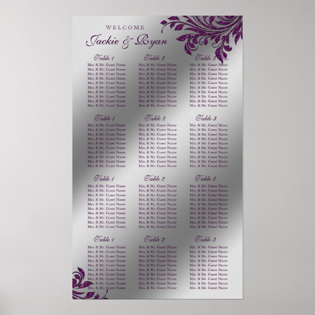 Poster Gráfico de Casamento Prata Roxo Deixa Esparto (Frente)