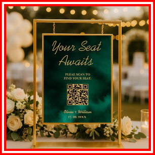 Poster Gráfico de Casamento QR Esmeralda Verde e Dourado