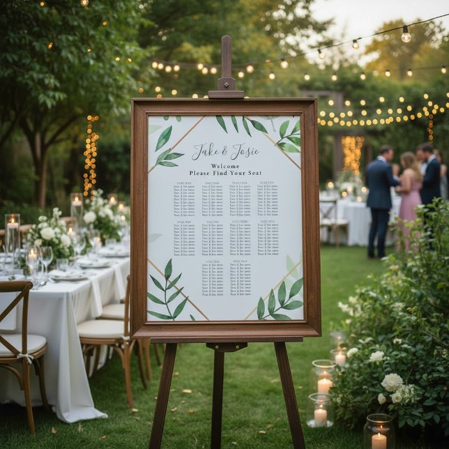 Poster Gráfico de Casamentos Legais (Green leaves Elegant Wedding Seating Chart.)
