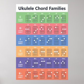 Poster Gráfico de Cordas das Famílias Ukulele Coloridos
