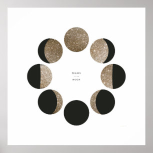 Pôster Gráfico de Fase da Lua Dourada com Folha Moderna