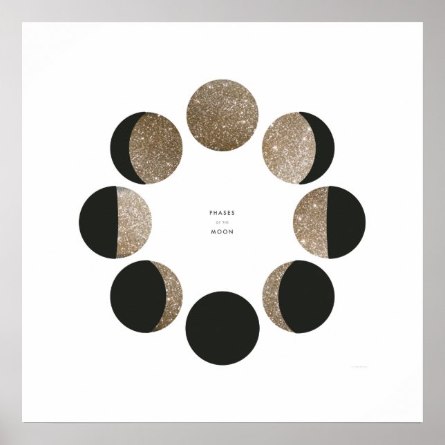 Pôster Gráfico de Fase da Lua Dourada com Folha Moderna (Frente)