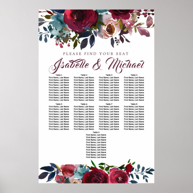 Poster Gráfico de Lugares de Casamento de 9 Mesas Vermelh (Frente)