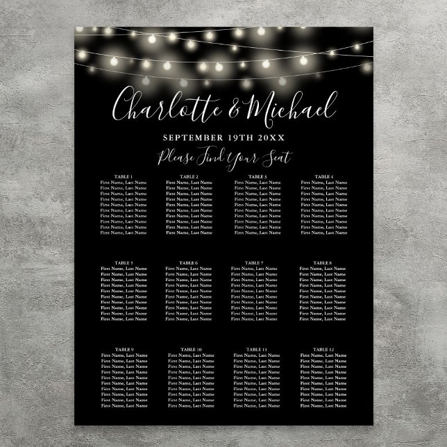 Poster Gráfico de Luzes Brancas Negras Luzes de Casamento (Black White String Lights Wedding Seating Chart)