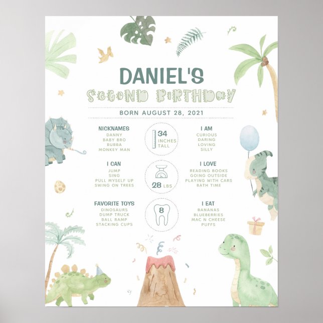 Poster Gráfico de marco de 2º aniversário de dinossauro (Frente)