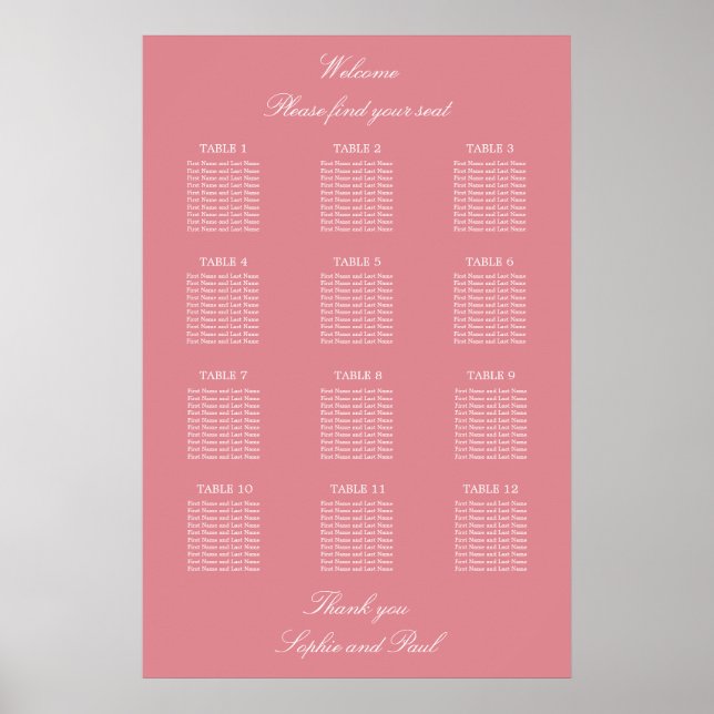 Poster Gráfico de Mesa de Casamento de Casamento Rosa 12 (Frente)