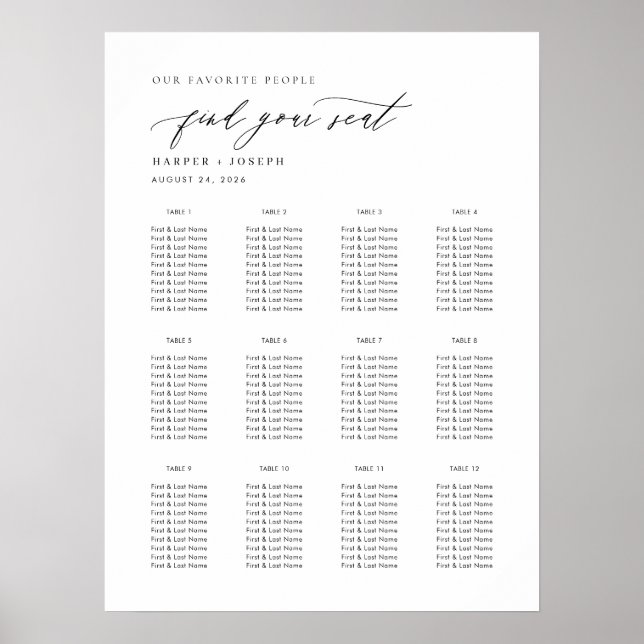 Poster Gráfico de Mesa de Casamento de Script Elegante (Frente)