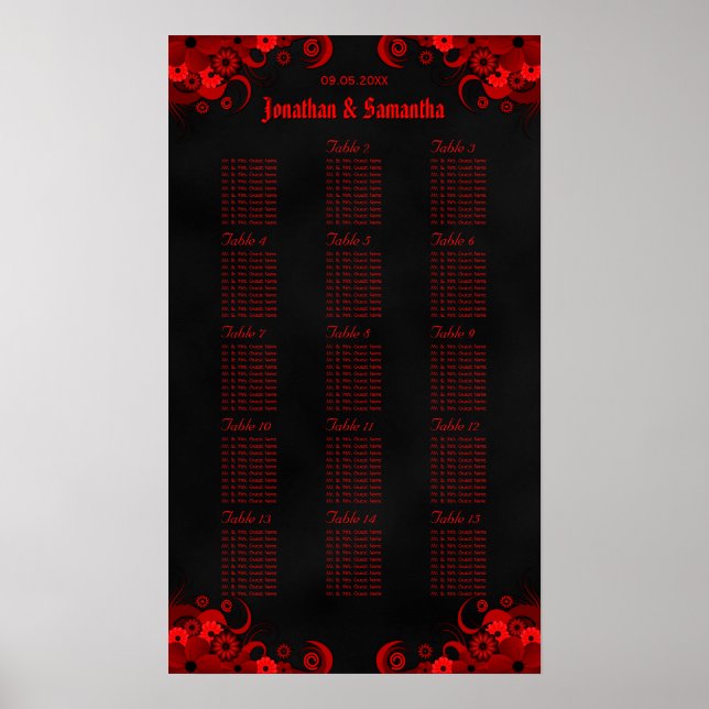 Pôster Gráfico de Mesas de Casamento Preto e Vermelho 15 (Frente)