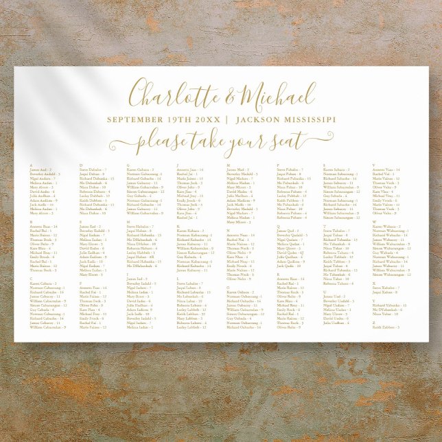 Poster Gráfico de Nomes Dourados 300 (Chic Gold 300 Names Wedding Seating Chart)
