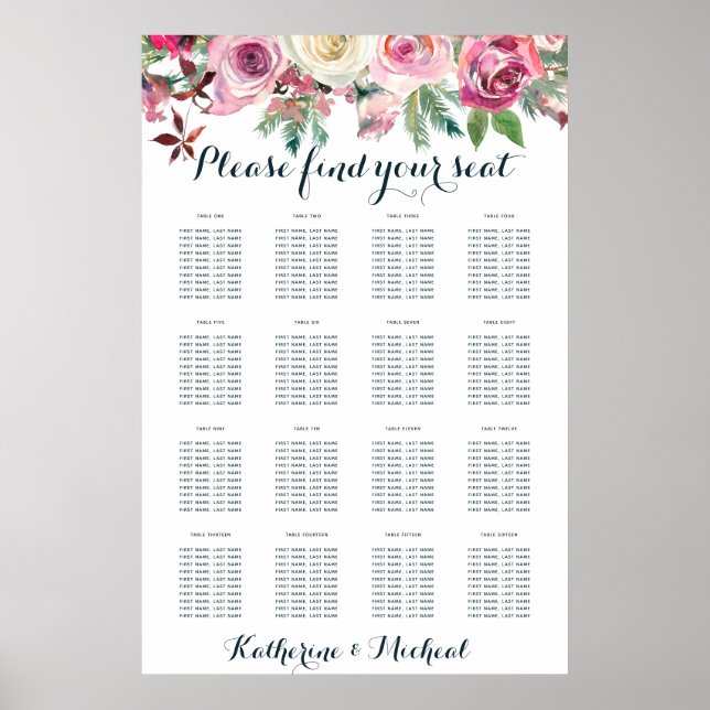 Poster Gráfico de Seções de Casamento Floral de Blush (Frente)
