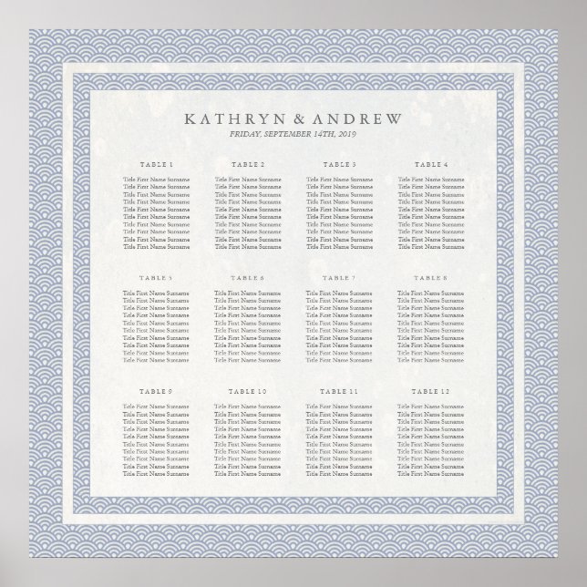 Pôster Gráfico de Seções Seigaiha, Padrão Simples Azul/Ro (Frente)