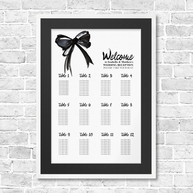 Poster Gráfico de Sentados de Casamento Chic do Arco Bran (Trendy Black and White Bow Chic Wedding Seating Chart Plan Template watercolor elegant simple script)
