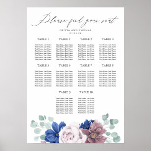Poster Gráfico de Sentados de Casamento de Flores Azuis-M