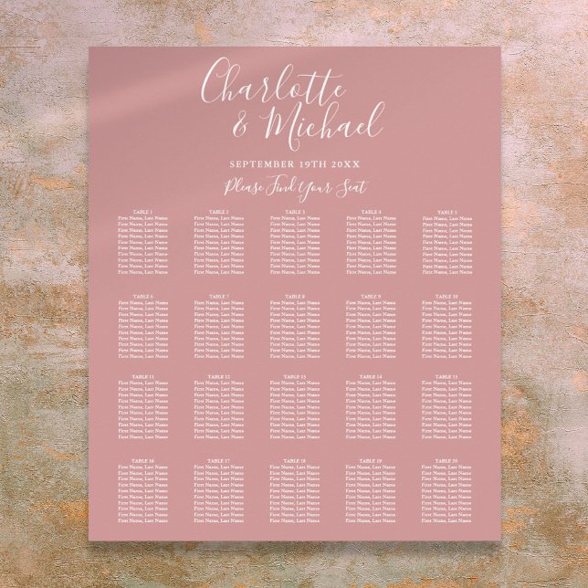 Poster Gráfico de Sentados de Casamento de Script Elegant (Dusty Rose Elegant Script Wedding Seating Chart)