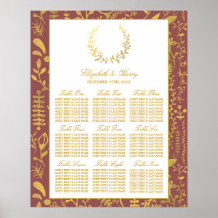 Poster Gráfico de Sentados de Casamento Floral Dourado E
