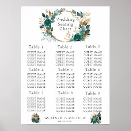 Poster Gráfico de Sentados de Casamento Floral e Teal Dou