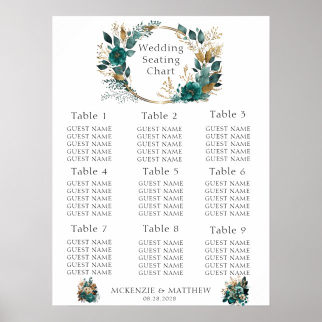 Poster Gráfico de Sentados de Casamento Floral e Teal Dou (Frente)