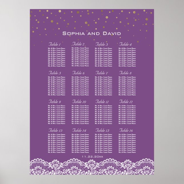 Poster Gráfico de Sentados de Casamento Roxo de Confetti  (Frente)