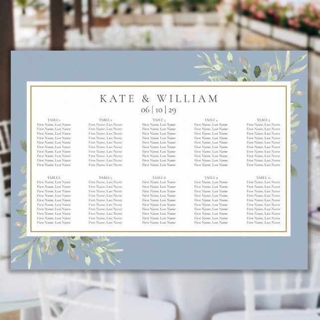 Poster Gráfico de Sentados de Casamentos de Folhagem de F (Dusty Blue Greenery Foliage Wedding Seating Chart)